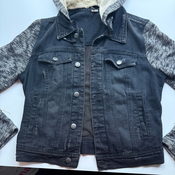 Free People Denim Jacket with Gray Sleeves and Hood - Picture 4 of 7